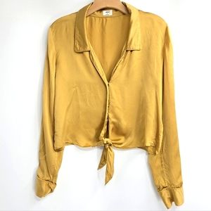 Aritzia‎ Wilfred Tie Front Blouse Peaufiner Golden Yellow Cupro Japanese Satin